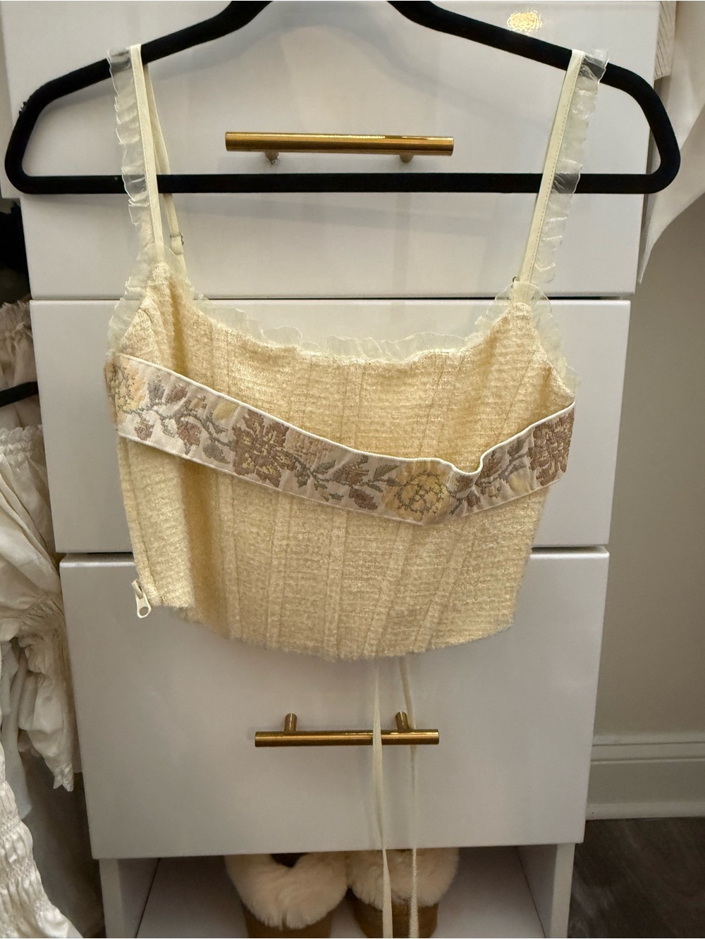 Cream Bouclé Cropped Tank Top with Floral Trim